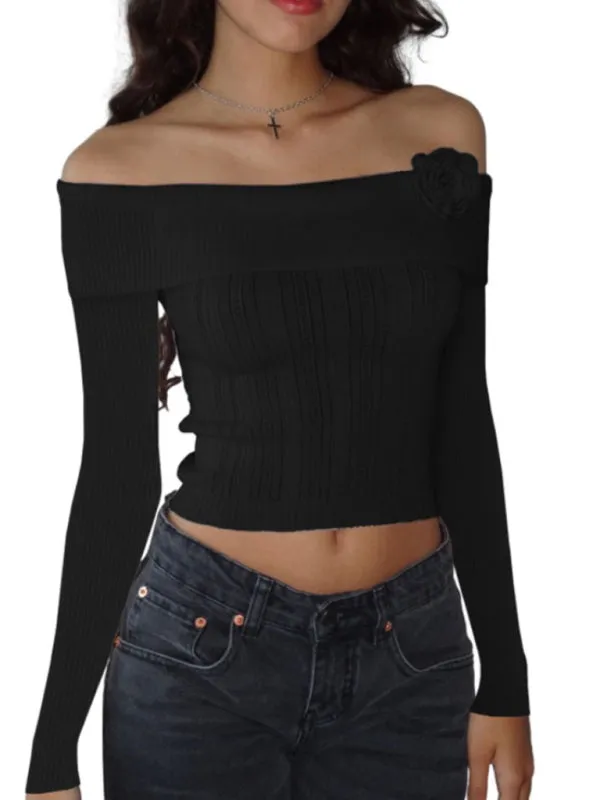 Romantic Ribbed Knit Long Sleeve Top with Off-The-Shoulder Elegance