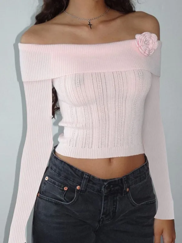 Romantic Ribbed Knit Long Sleeve Top with Off-The-Shoulder Elegance