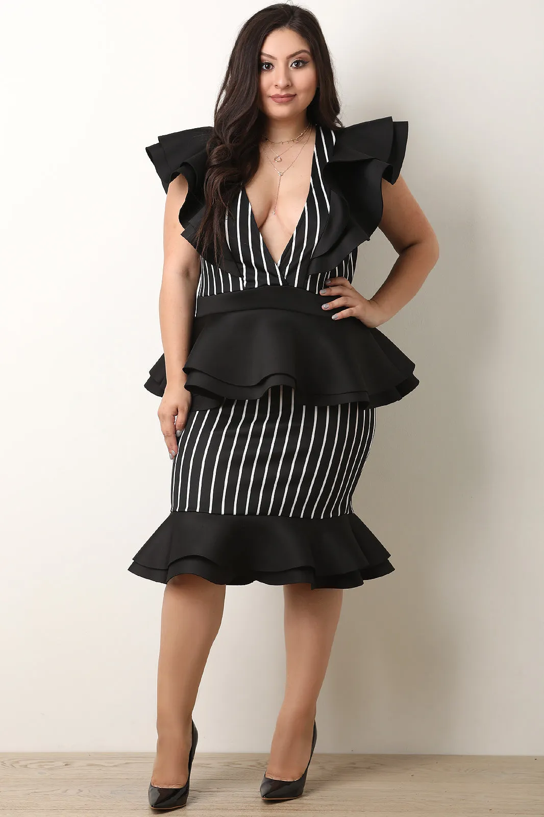 Ruffle Shoulder Striped Peplum Top with Skirt Set