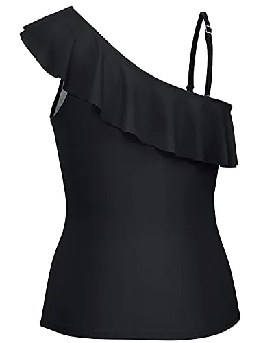 Ruffle Trimmed Off-Shoulder One Shoulder Tankini Top-Black