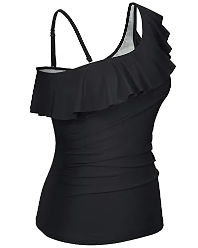 Ruffle Trimmed Off-Shoulder One Shoulder Tankini Top-Black