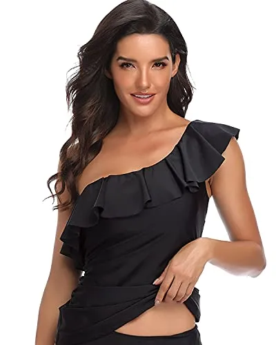 Ruffle Trimmed Off-Shoulder One Shoulder Tankini Top-Black