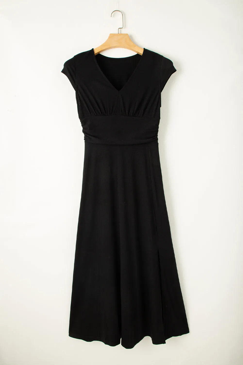 Shirred High Waist V Neck Maxi Dress