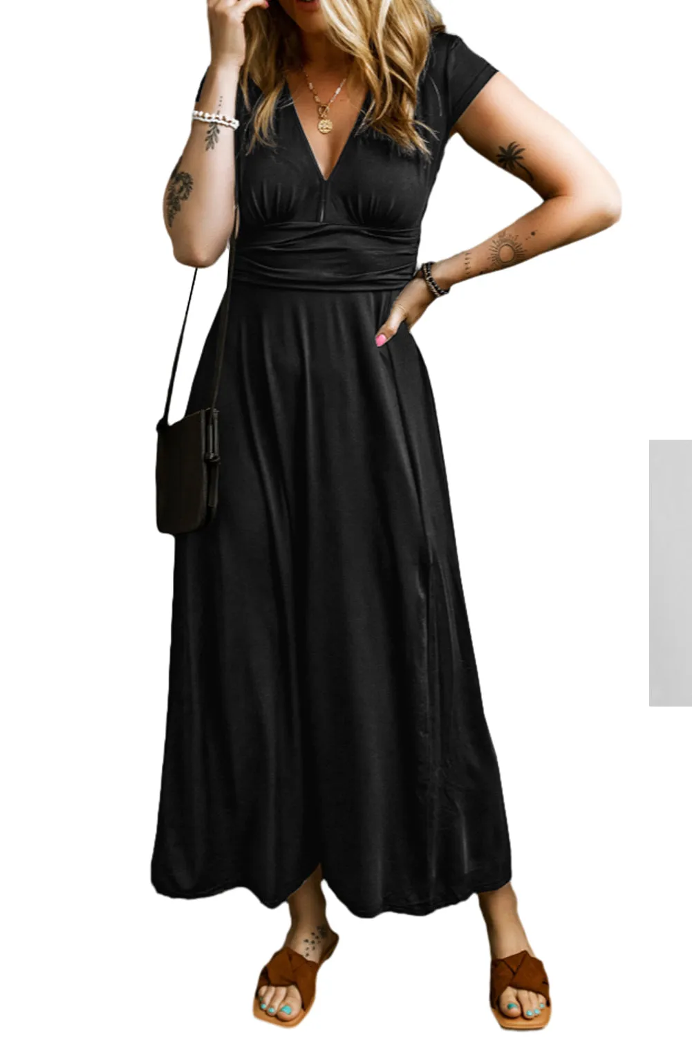 Shirred High Waist V Neck Maxi Dress