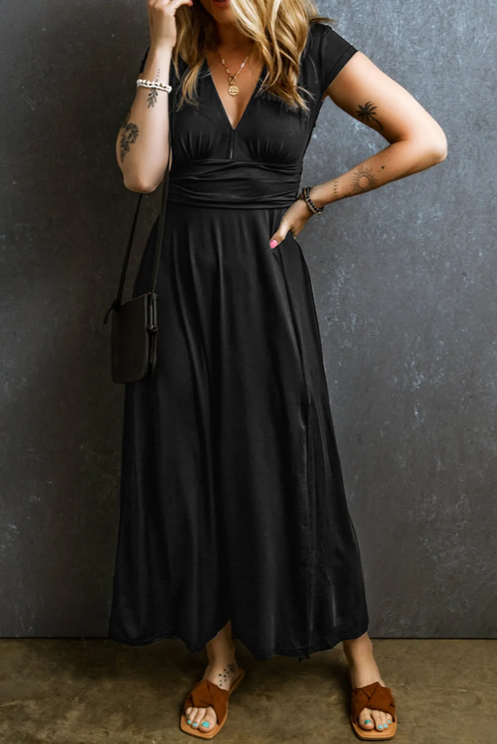 Shirred High Waist V Neck Maxi Dress