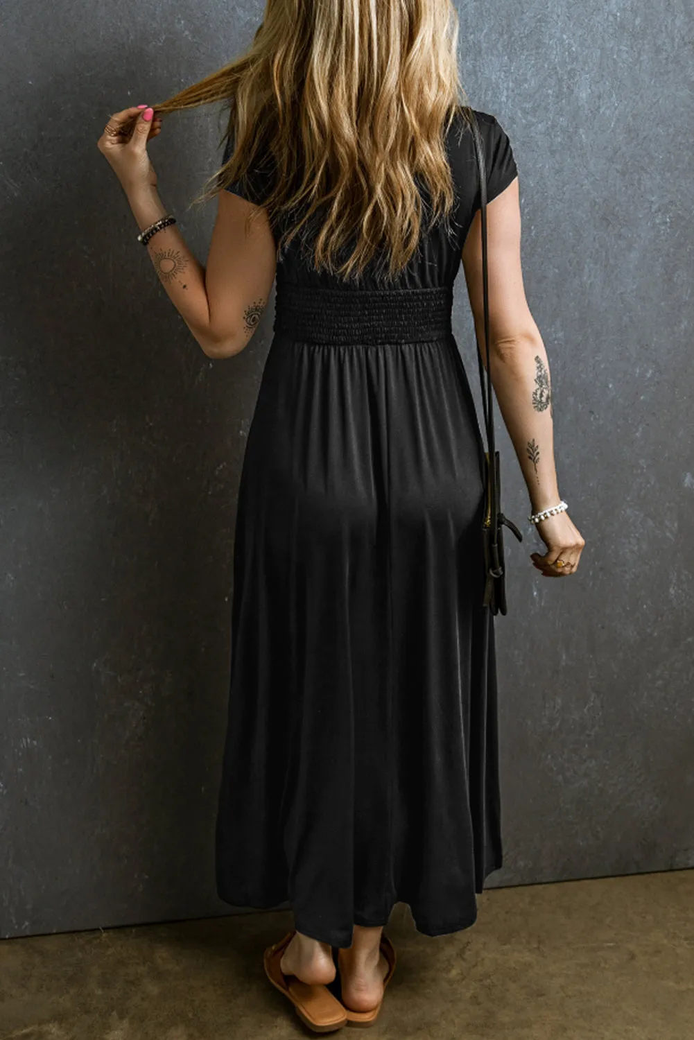 Shirred High Waist V Neck Maxi Dress