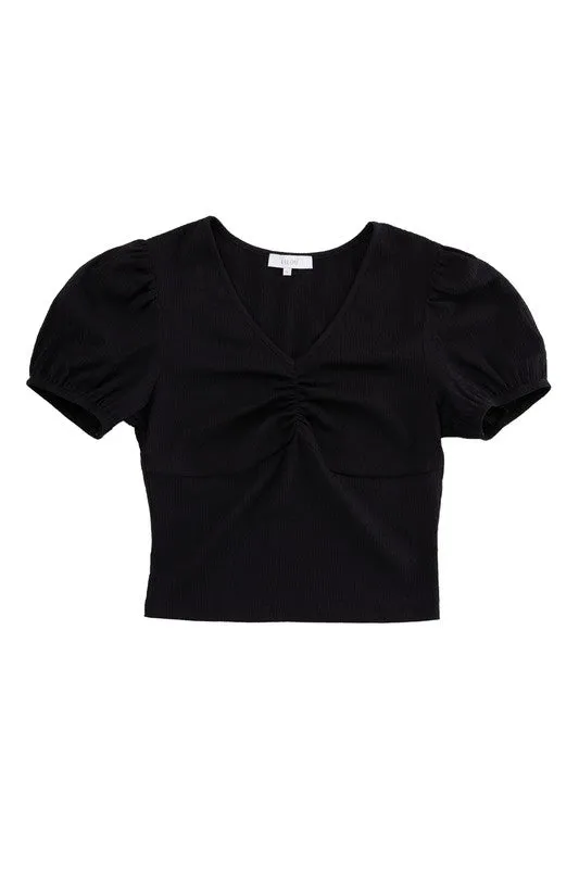 Shirred V neck top with puff sleeves