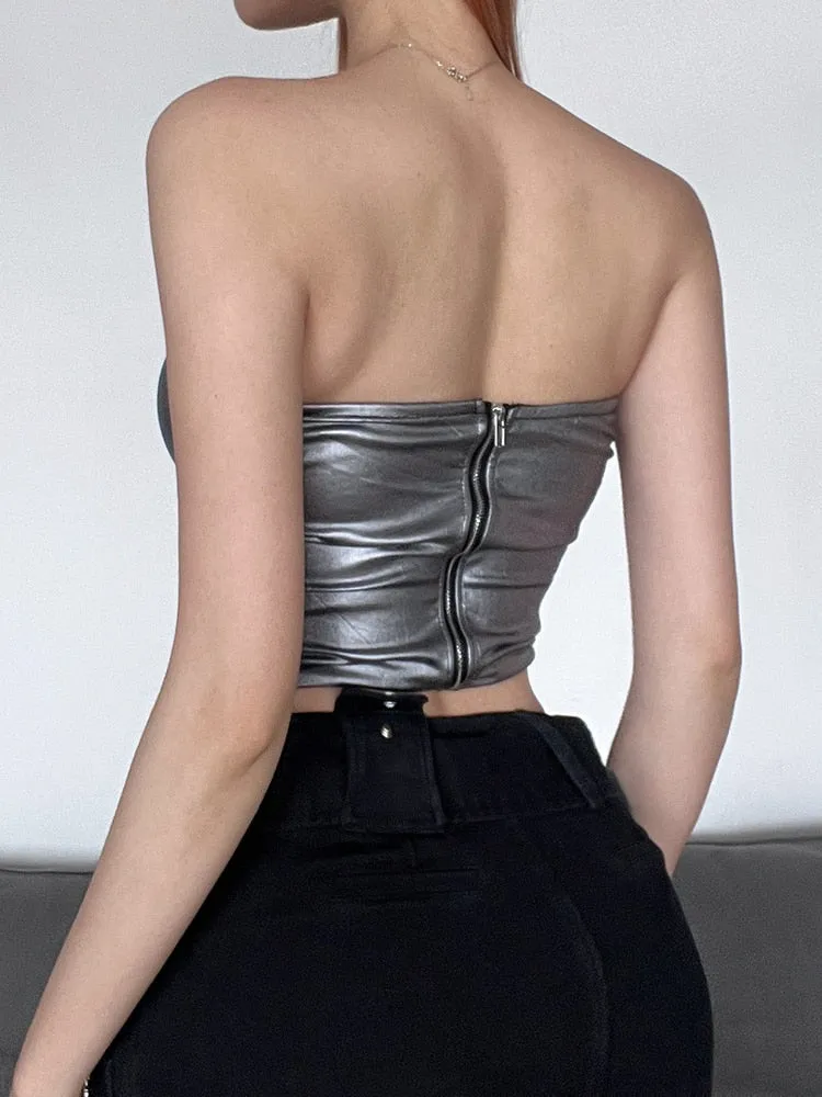 Silver Off-Shoulder PU Leather Skinny Tops