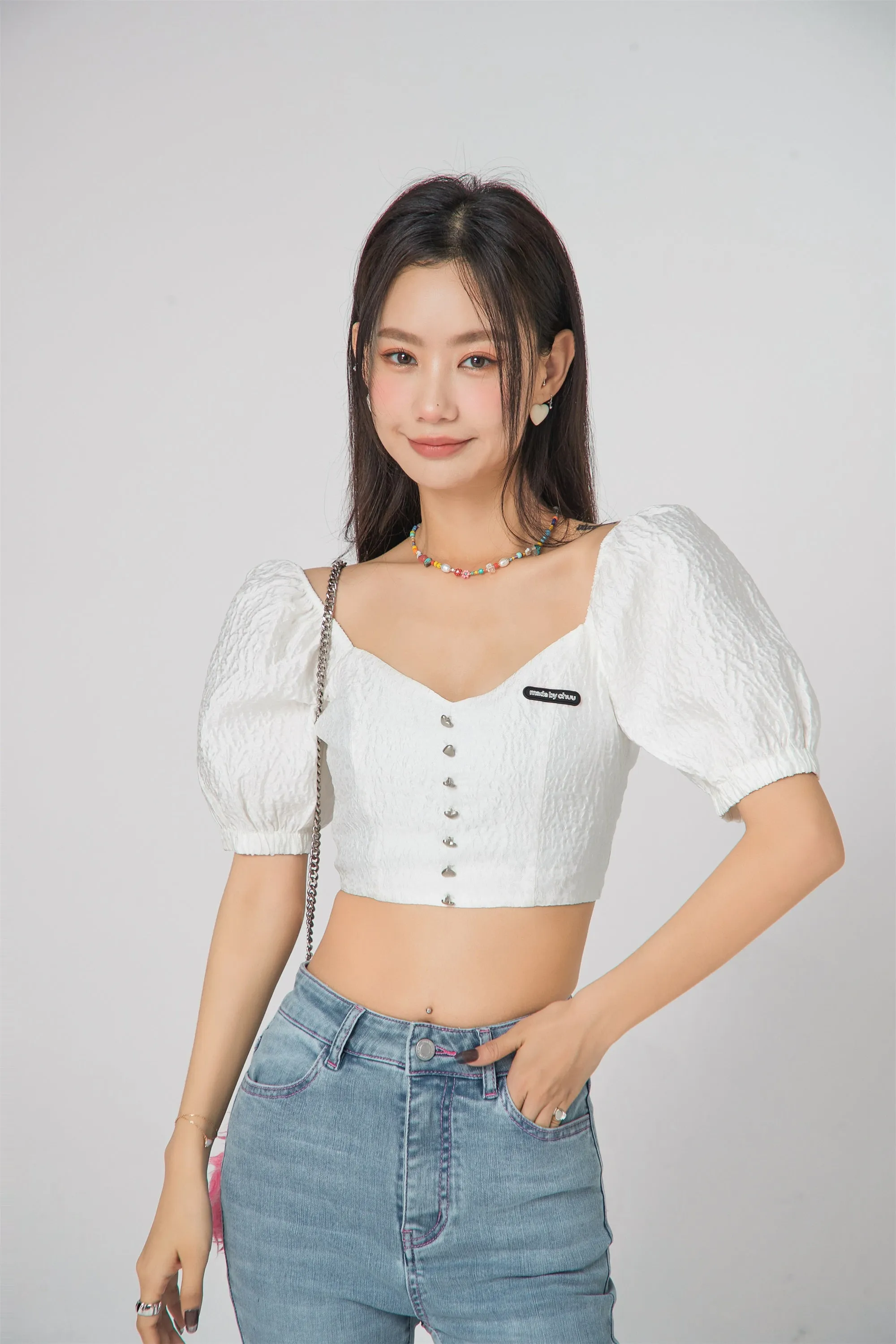 Square Puff Sleeve Cropped Blouse