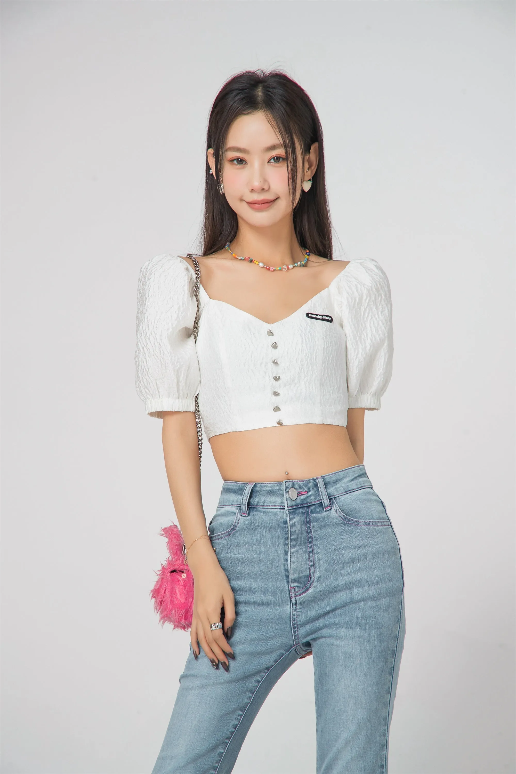 Square Puff Sleeve Cropped Blouse