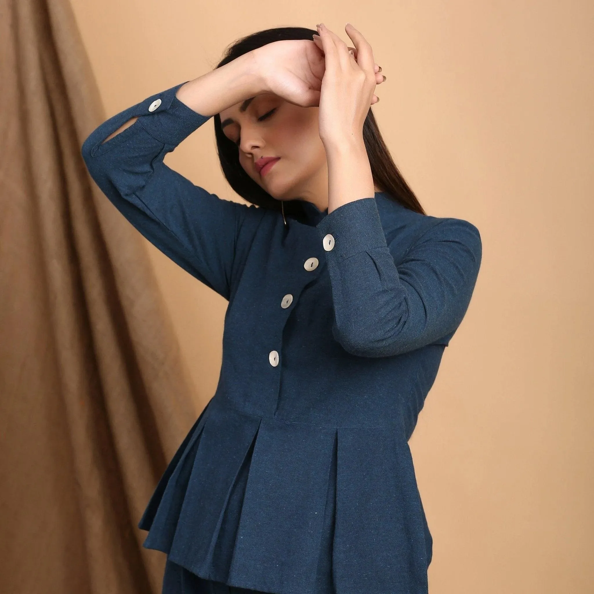 Teal Blue Cotton Stand Collar Peplum Shirt