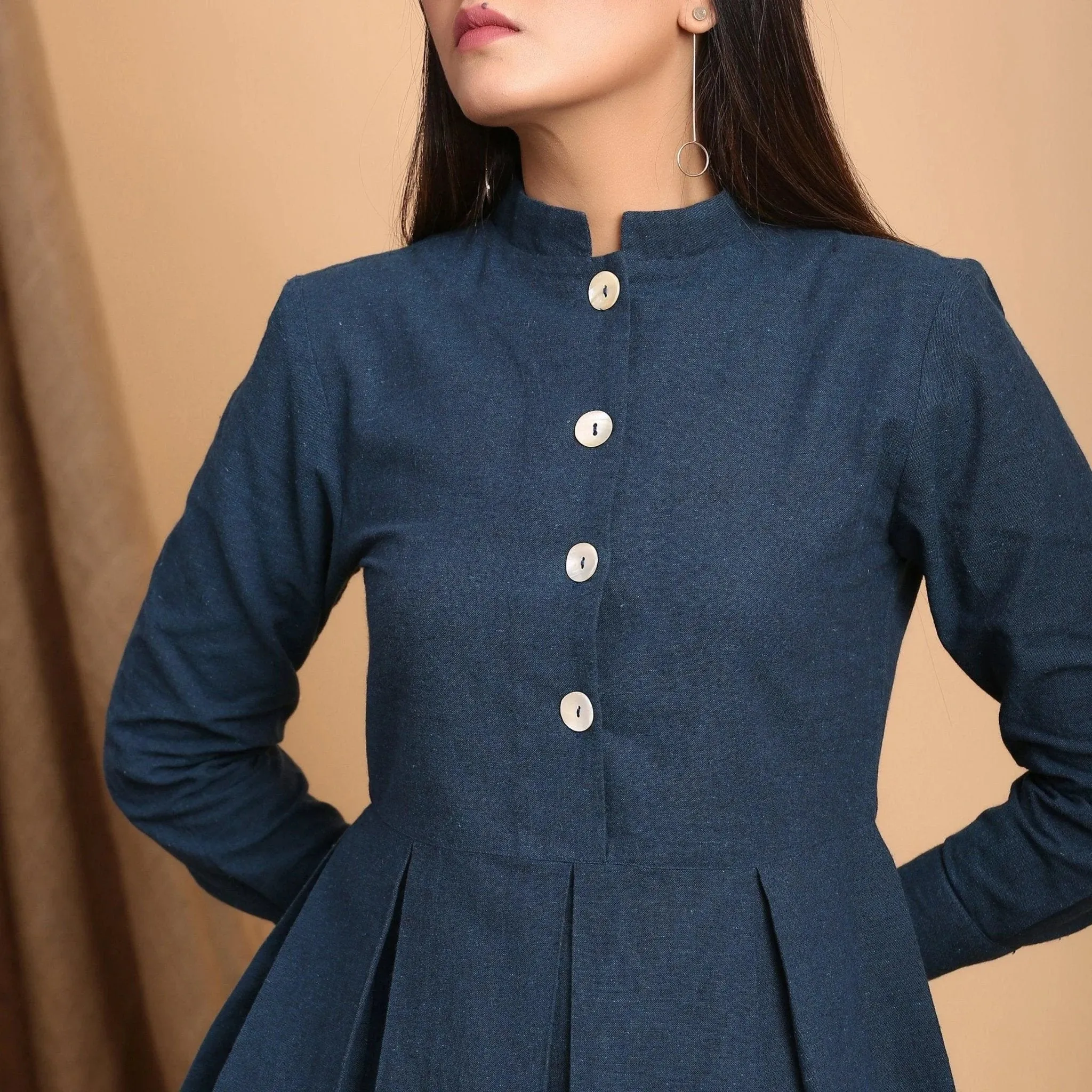 Teal Blue Cotton Stand Collar Peplum Shirt