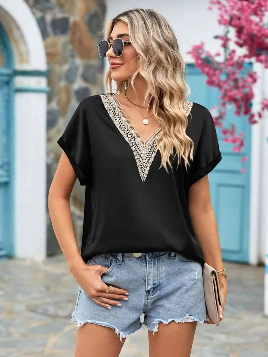 V-Neck Cuffed Blouse