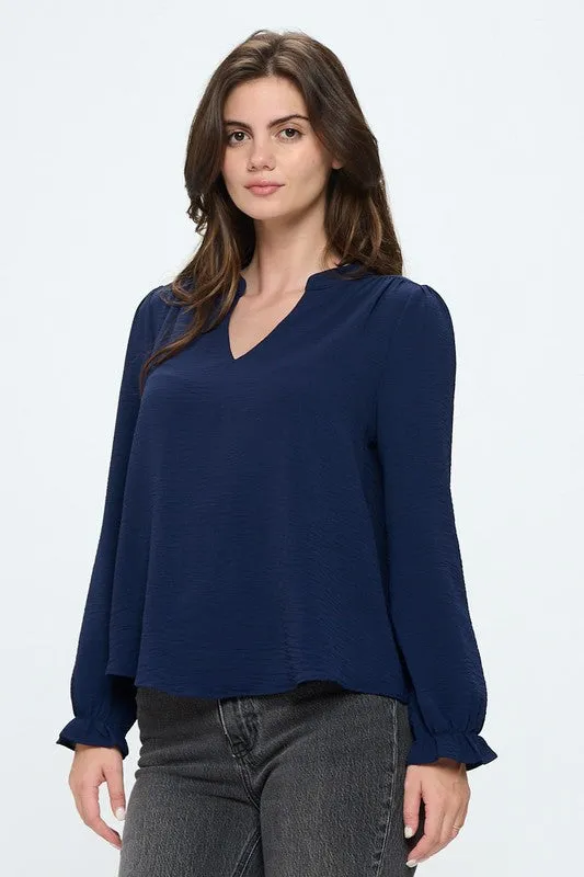 V neck long sleeve pop over blouse