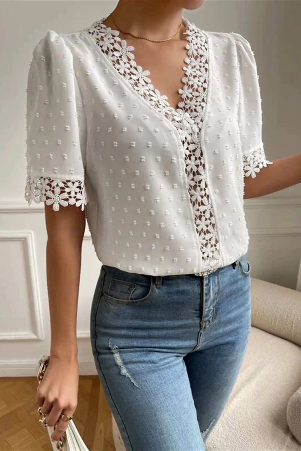 V-Neck Short Sleeve Blouse #159776