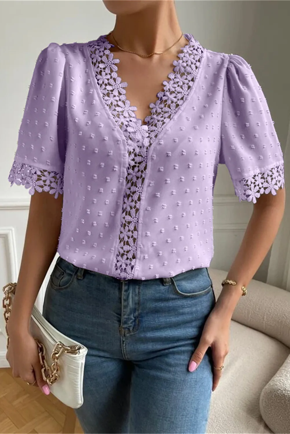 V-Neck Short Sleeve Blouse #159776