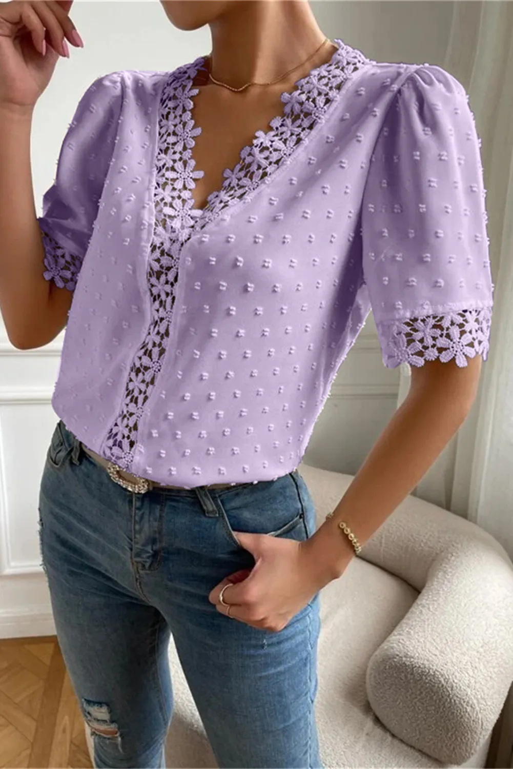 V-Neck Short Sleeve Blouse #159776