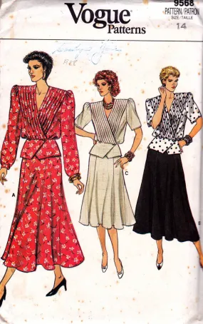 Vogue 9568 Womens Wrap Peplum Top & Skirt 1980s Vintage Sewing Pattern Size 14 Bust 36 inches UNCUT Factory Folded