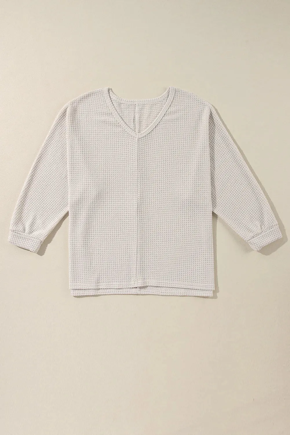 Waffle-Knit Slit V-Neck Long Sleeve Blouse