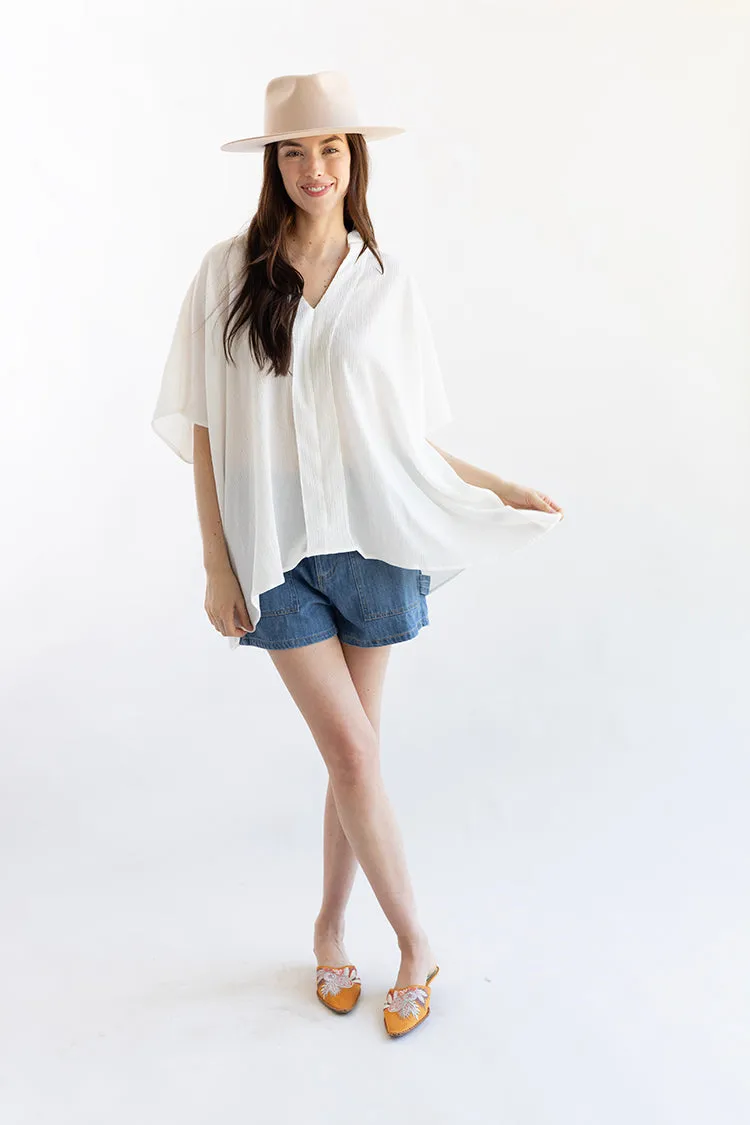 White Batwing V-Neck Blouse