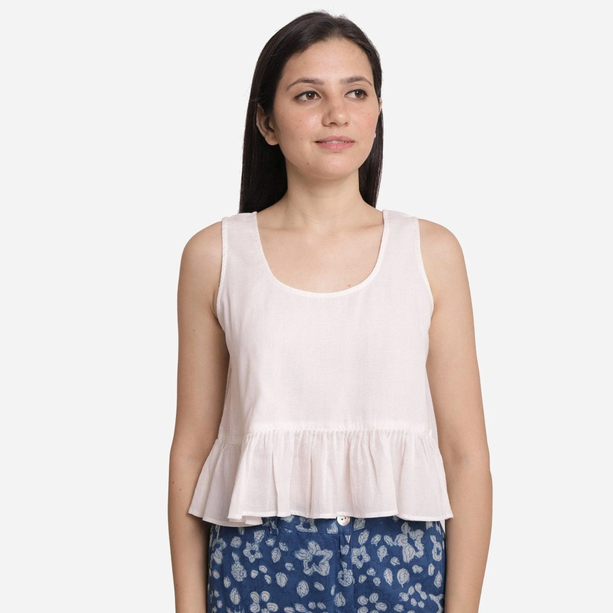 White Round Neck 100% Cotton Peplum Crop Top