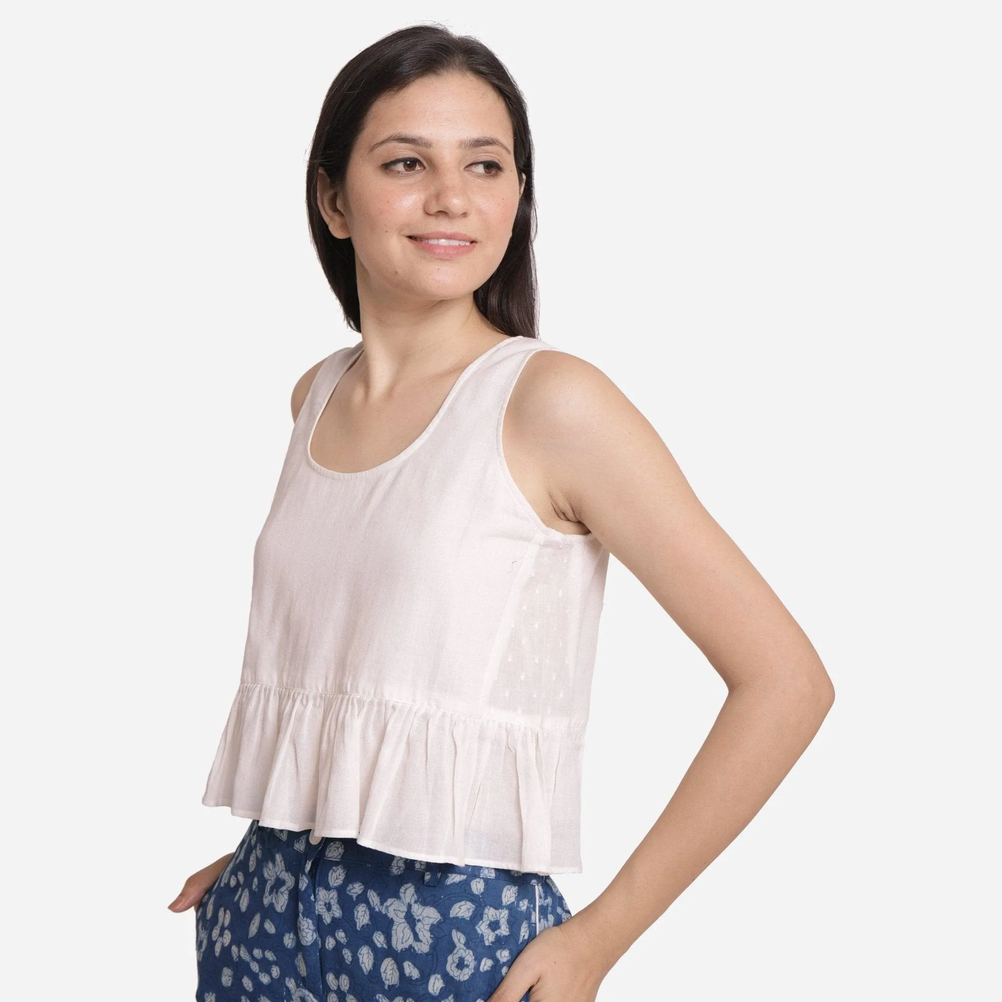 White Round Neck 100% Cotton Peplum Crop Top