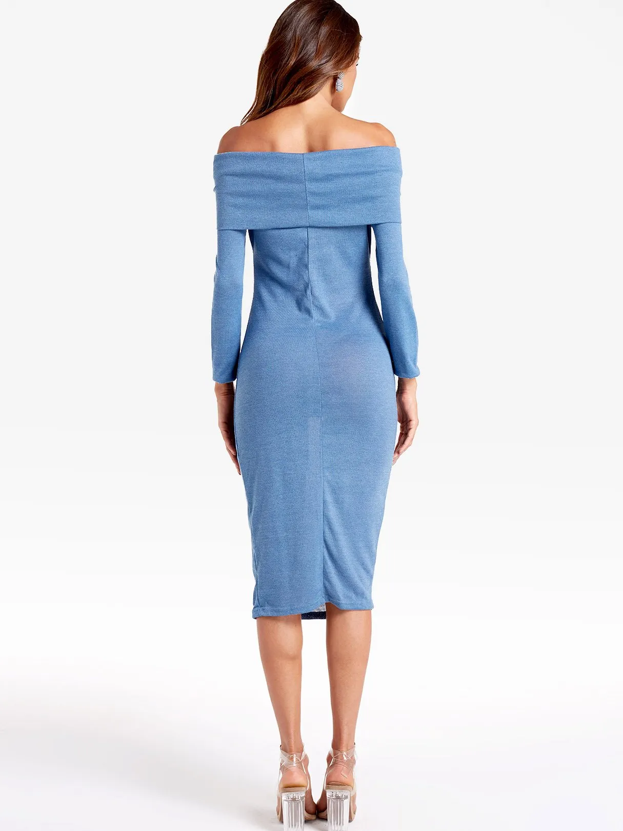 Wholesale Blue Off The Shoulder Long Sleeve Plain Dresses