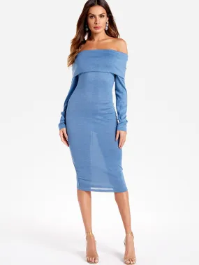 Wholesale Blue Off The Shoulder Long Sleeve Plain Dresses