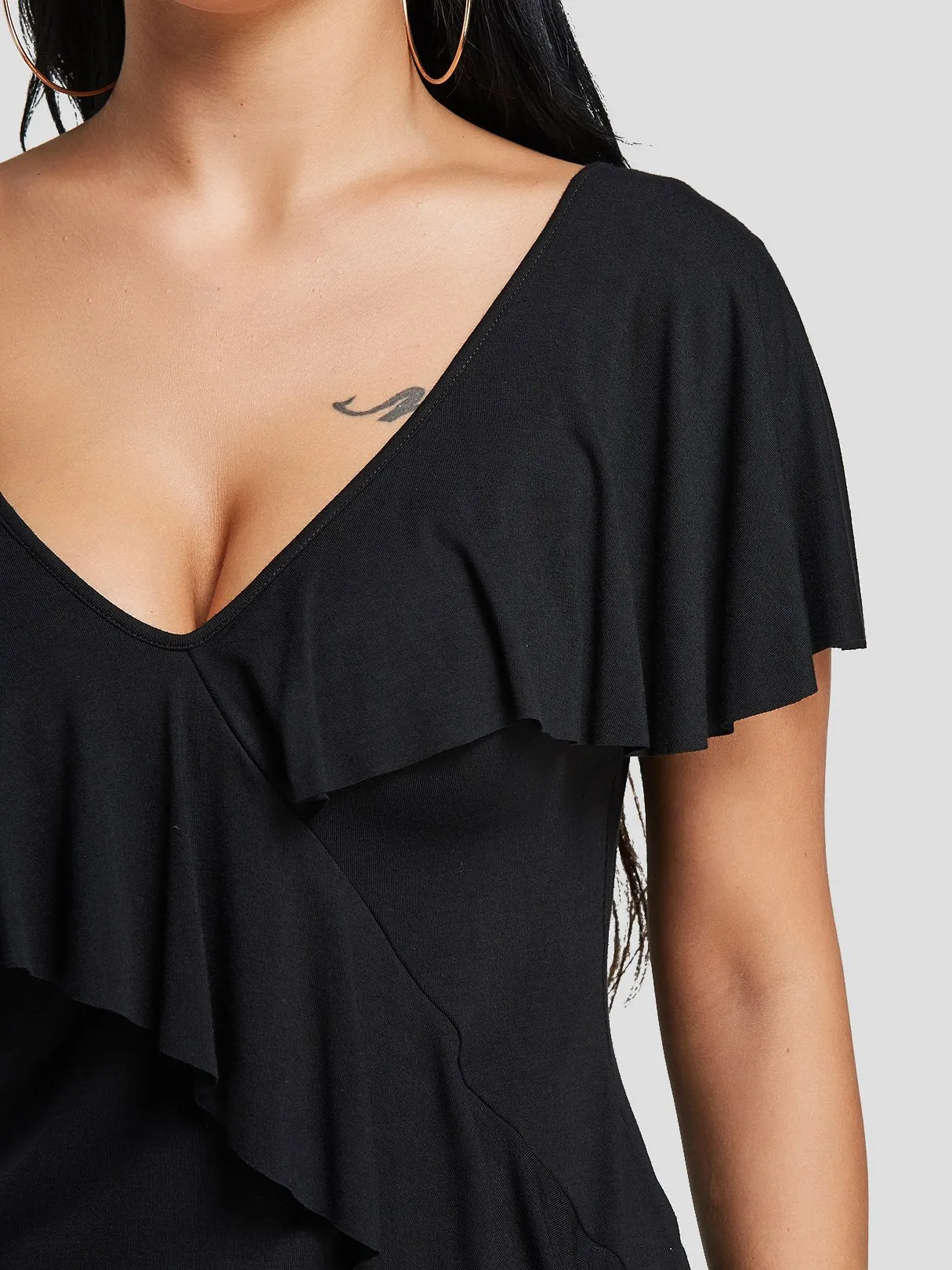 Wholesale Cold Shoulder Deep V Neck Plain Spaghetti Strap Short Sleeve Black Blouses