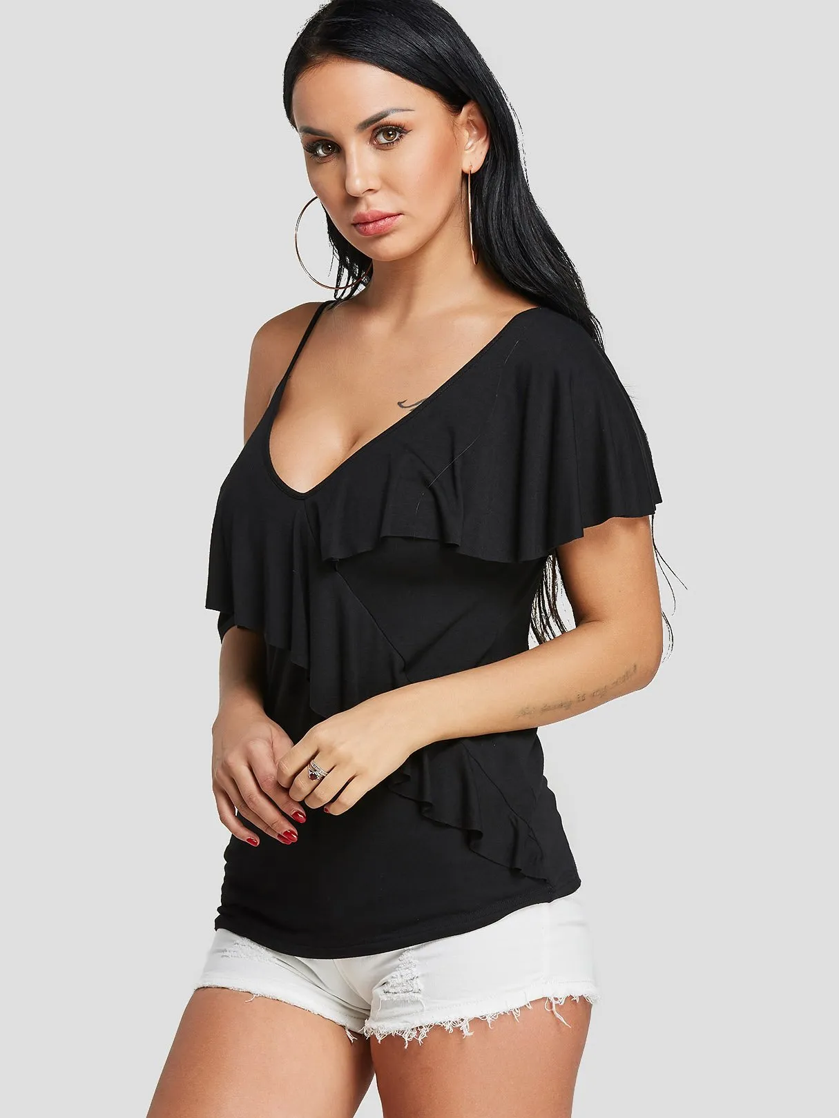 Wholesale Cold Shoulder Deep V Neck Plain Spaghetti Strap Short Sleeve Black Blouses