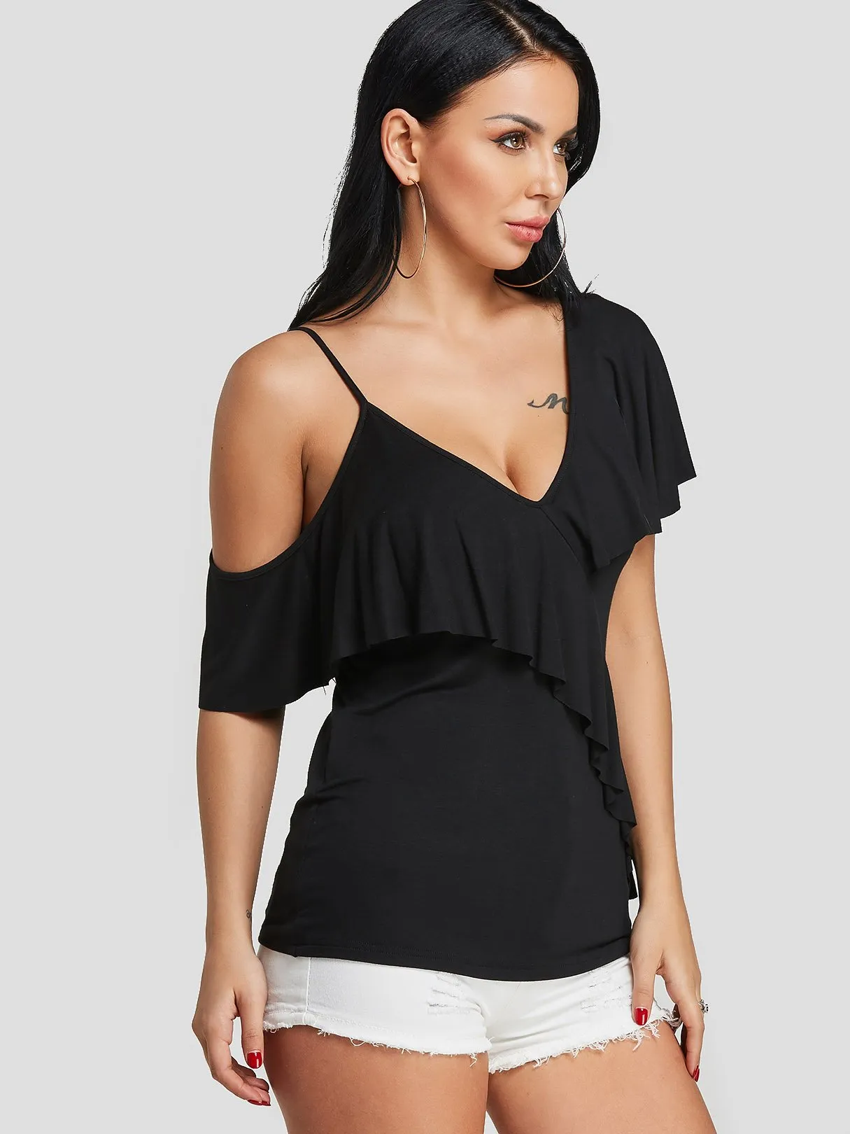 Wholesale Cold Shoulder Deep V Neck Plain Spaghetti Strap Short Sleeve Black Blouses