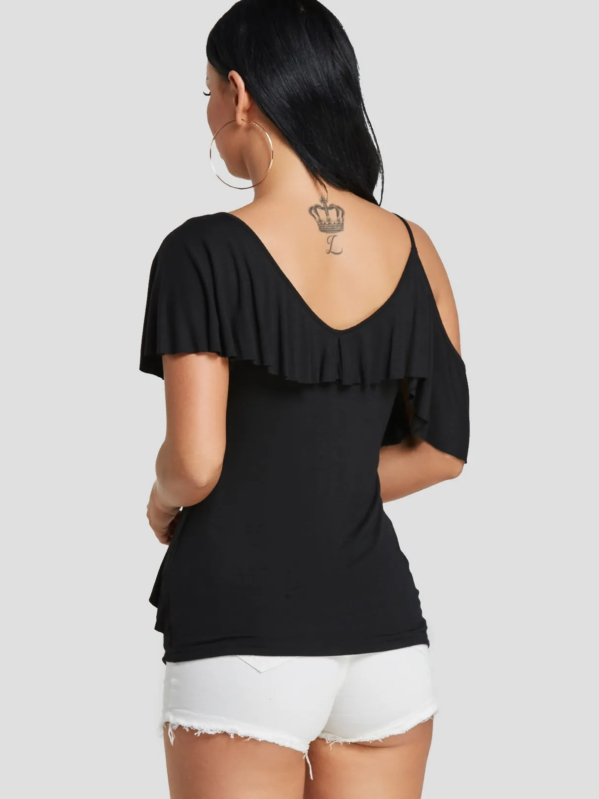 Wholesale Cold Shoulder Deep V Neck Plain Spaghetti Strap Short Sleeve Black Blouses