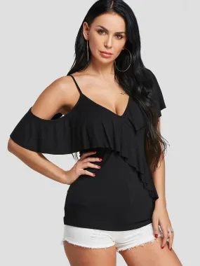 Wholesale Cold Shoulder Deep V Neck Plain Spaghetti Strap Short Sleeve Black Blouses