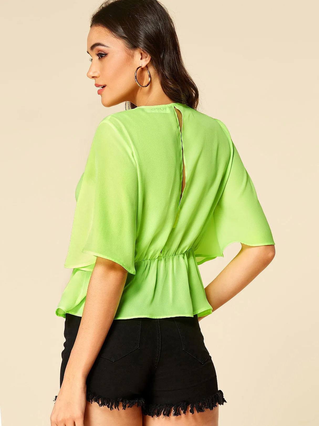 Wholesale Deep V Neck Plain Cut Out Half Sleeve Green Blouses