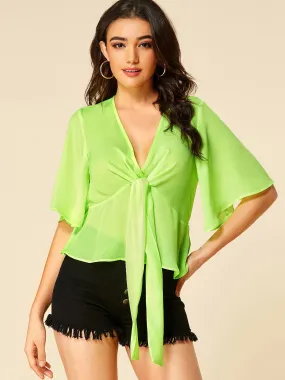 Wholesale Deep V Neck Plain Cut Out Half Sleeve Green Blouses