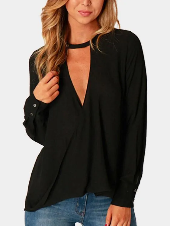 Wholesale Deep V-Neck Plain Long Sleeve Blouses