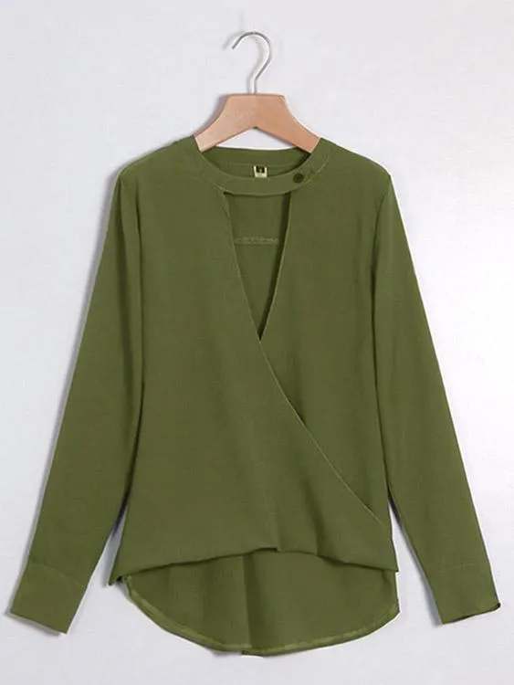 Wholesale Deep V-Neck Plain Long Sleeve Blouses