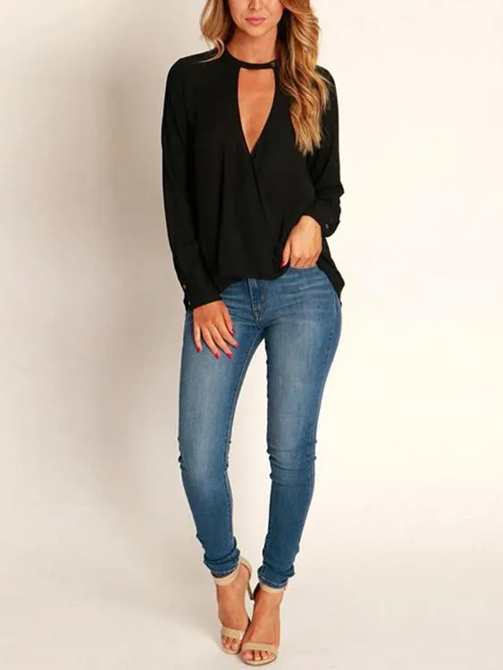 Wholesale Deep V-Neck Plain Long Sleeve Blouses