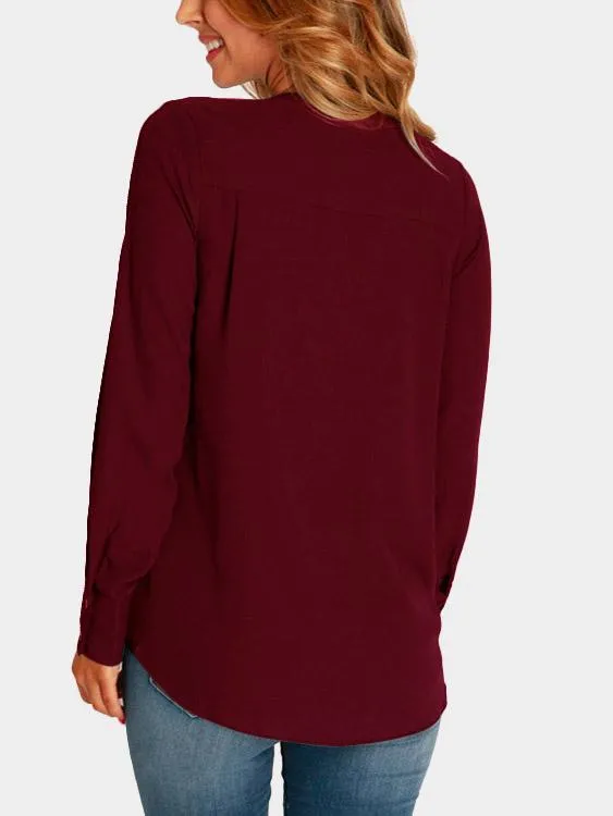 Wholesale Deep V-Neck Plain Long Sleeve Blouses