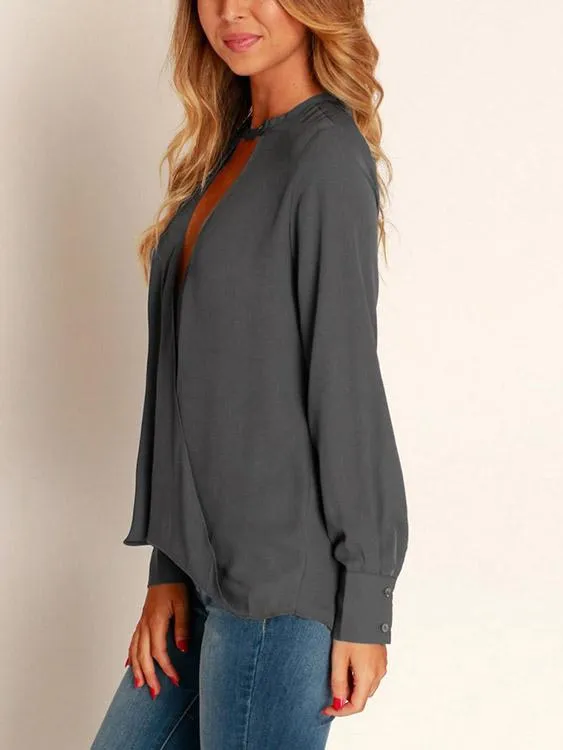 Wholesale Deep V-Neck Plain Long Sleeve Blouses