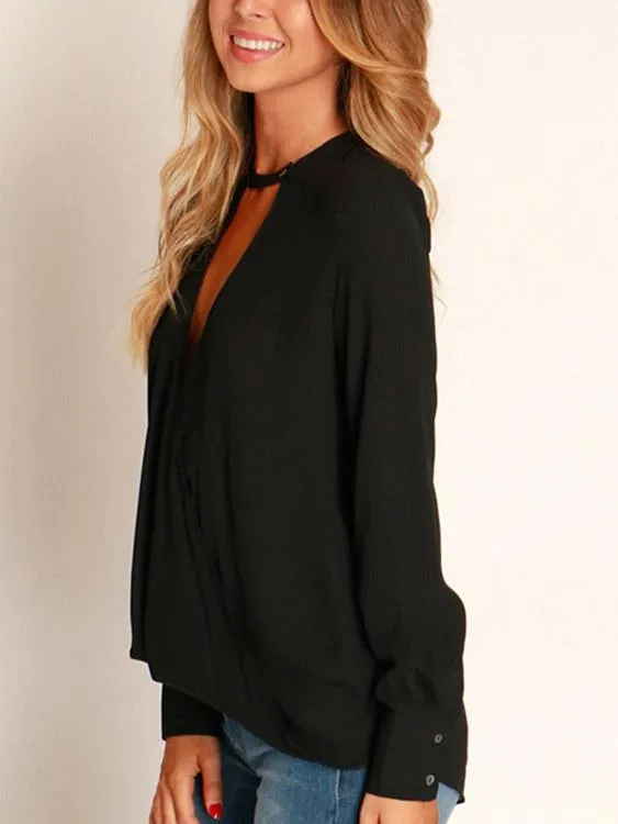 Wholesale Deep V-Neck Plain Long Sleeve Blouses