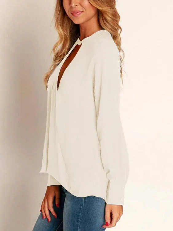 Wholesale Deep V-Neck Plain Long Sleeve Blouses