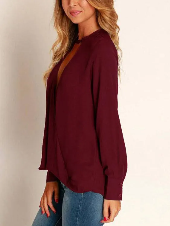 Wholesale Deep V-Neck Plain Long Sleeve Blouses