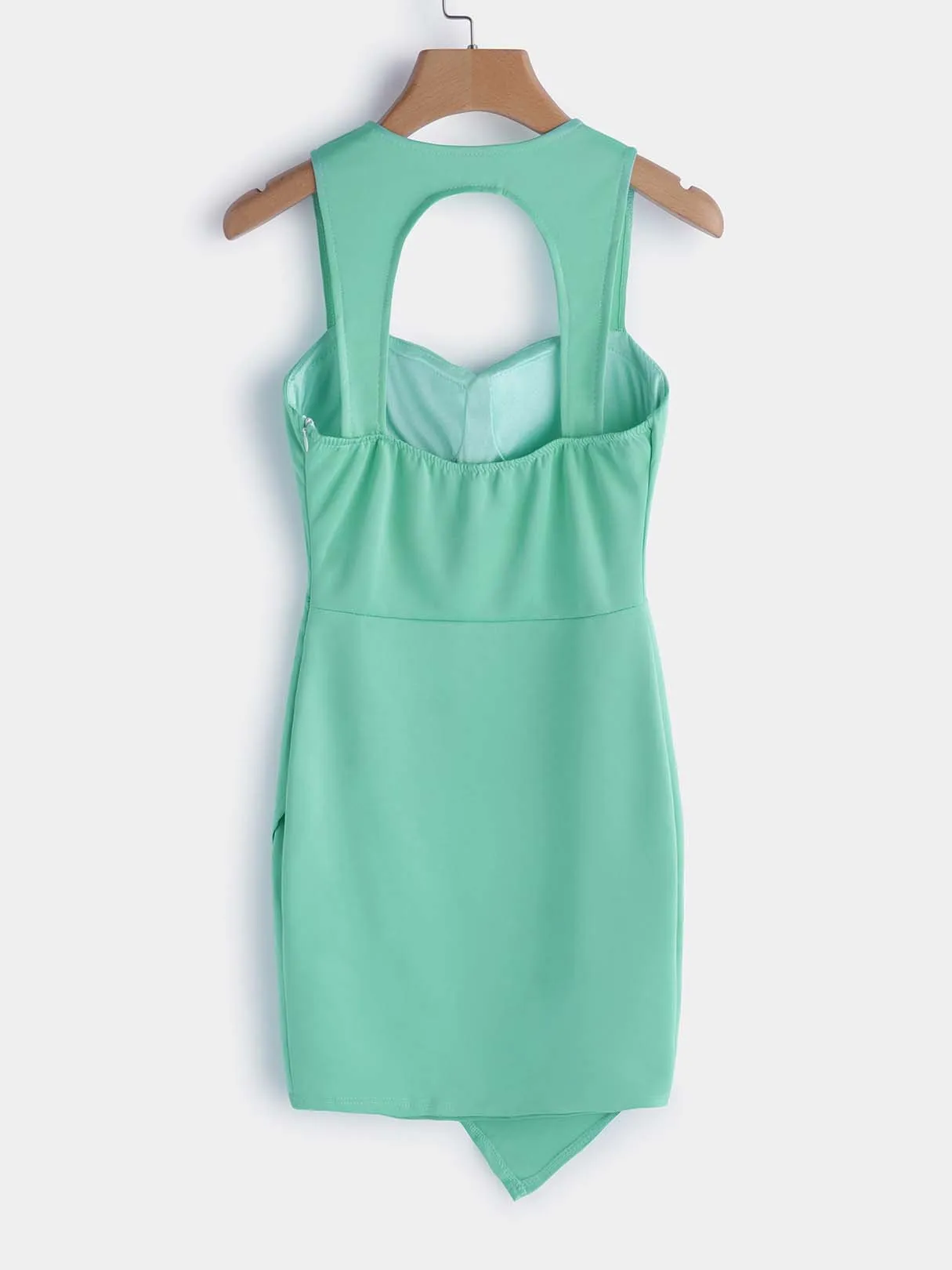 Wholesale Green Sleeveless Plain Zip Back Backless Cut Out Irregular Hem Dresses