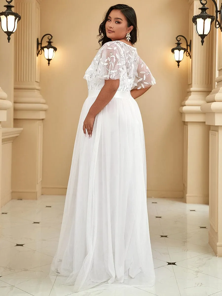 Women's A-Line Short Sleeve Embroidery Floor Length Wedding Guest Dresses