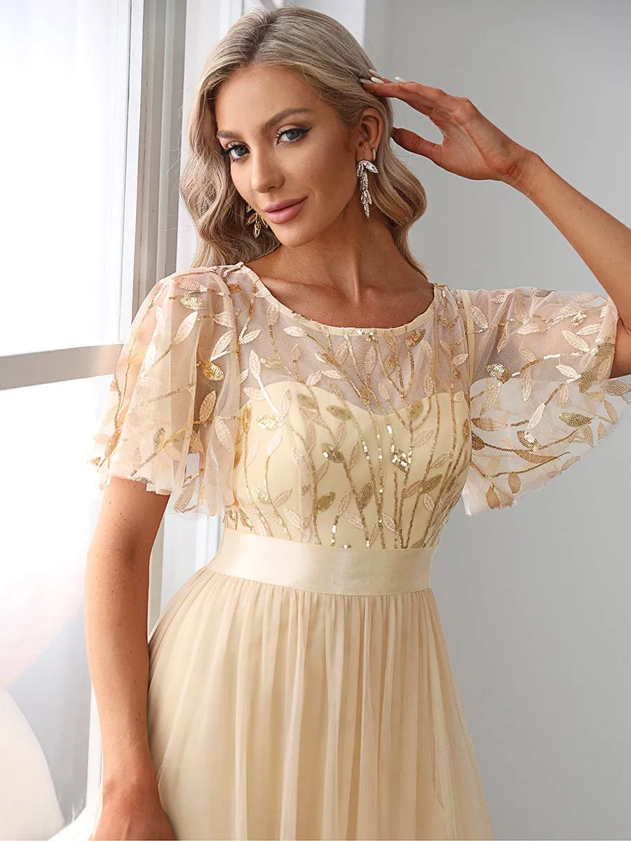 Women's A-Line Short Sleeve Embroidery Floor Length Wedding Guest Dresses