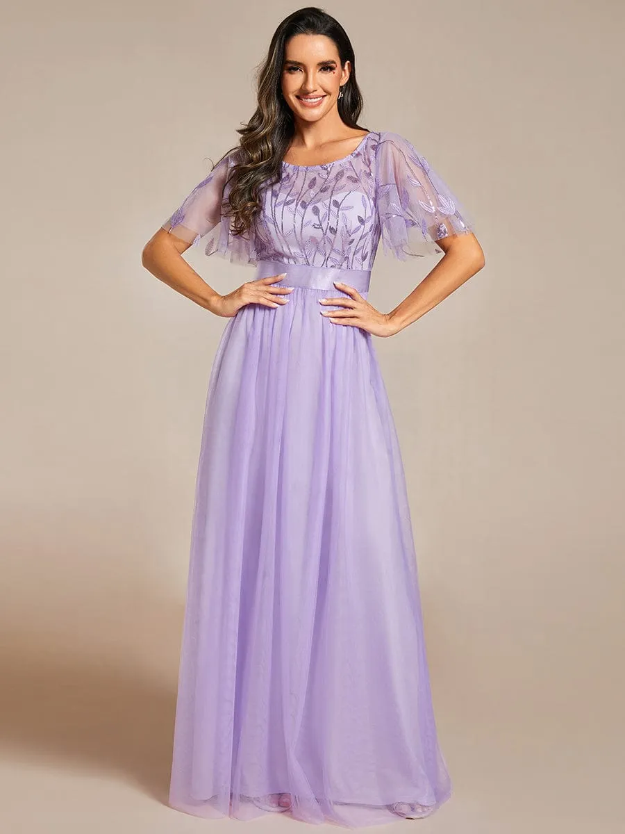 Women's A-Line Short Sleeve Embroidery Floor Length Wedding Guest Dresses