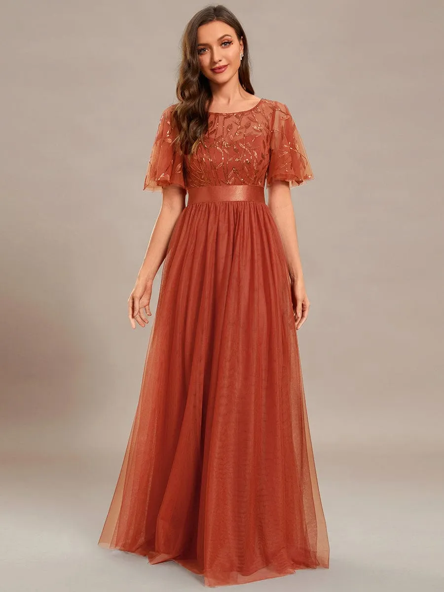 Women's A-Line Short Sleeve Embroidery Floor Length Wedding Guest Dresses