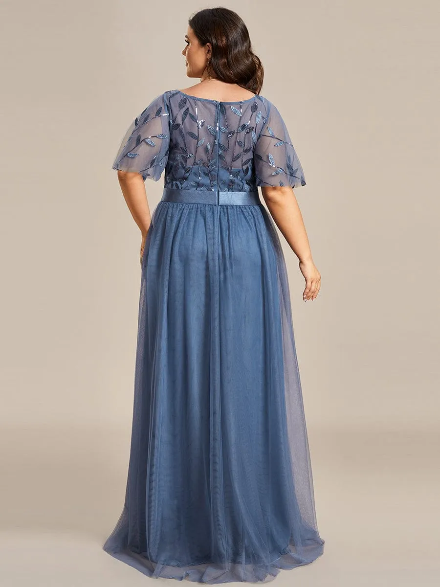 Women's A-Line Short Sleeve Embroidery Floor Length Wedding Guest Dresses