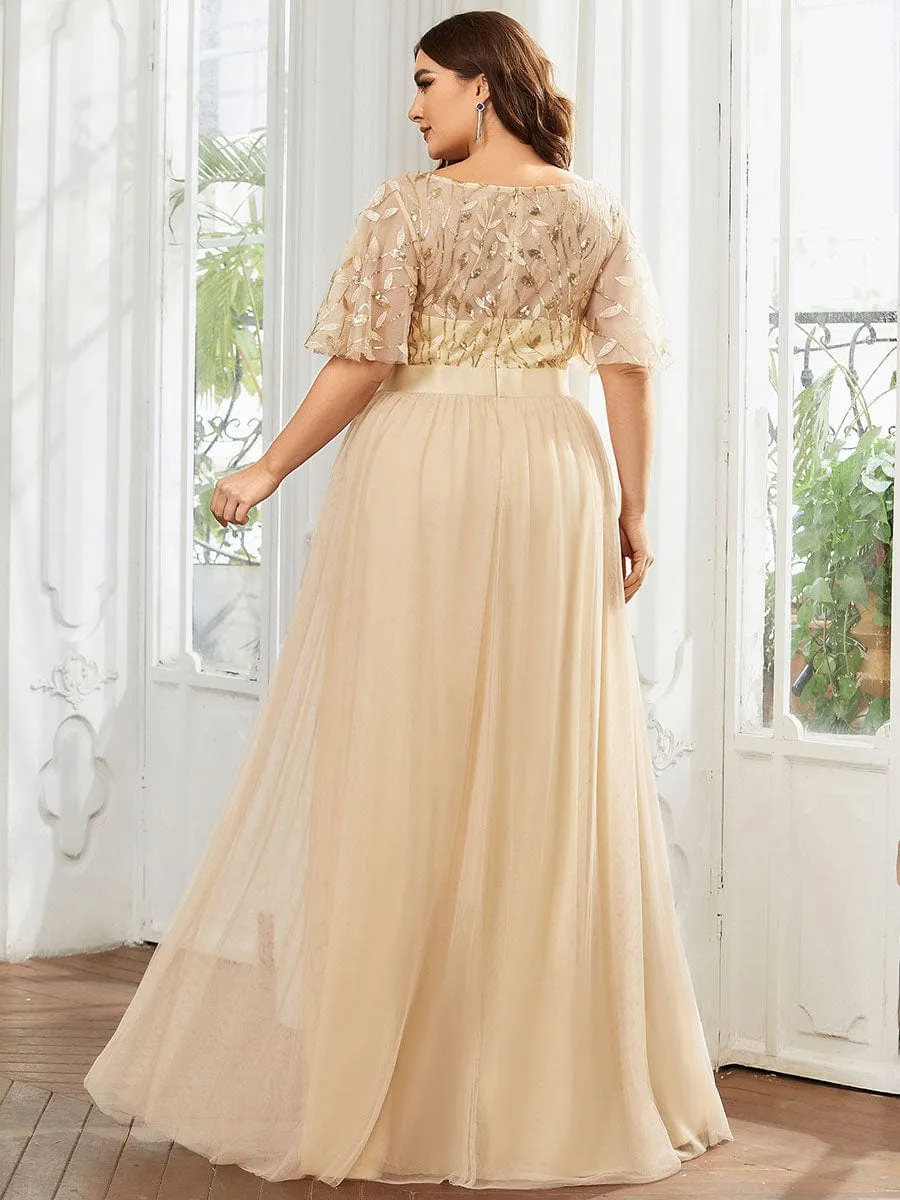 Women's A-Line Short Sleeve Embroidery Floor Length Wedding Guest Dresses